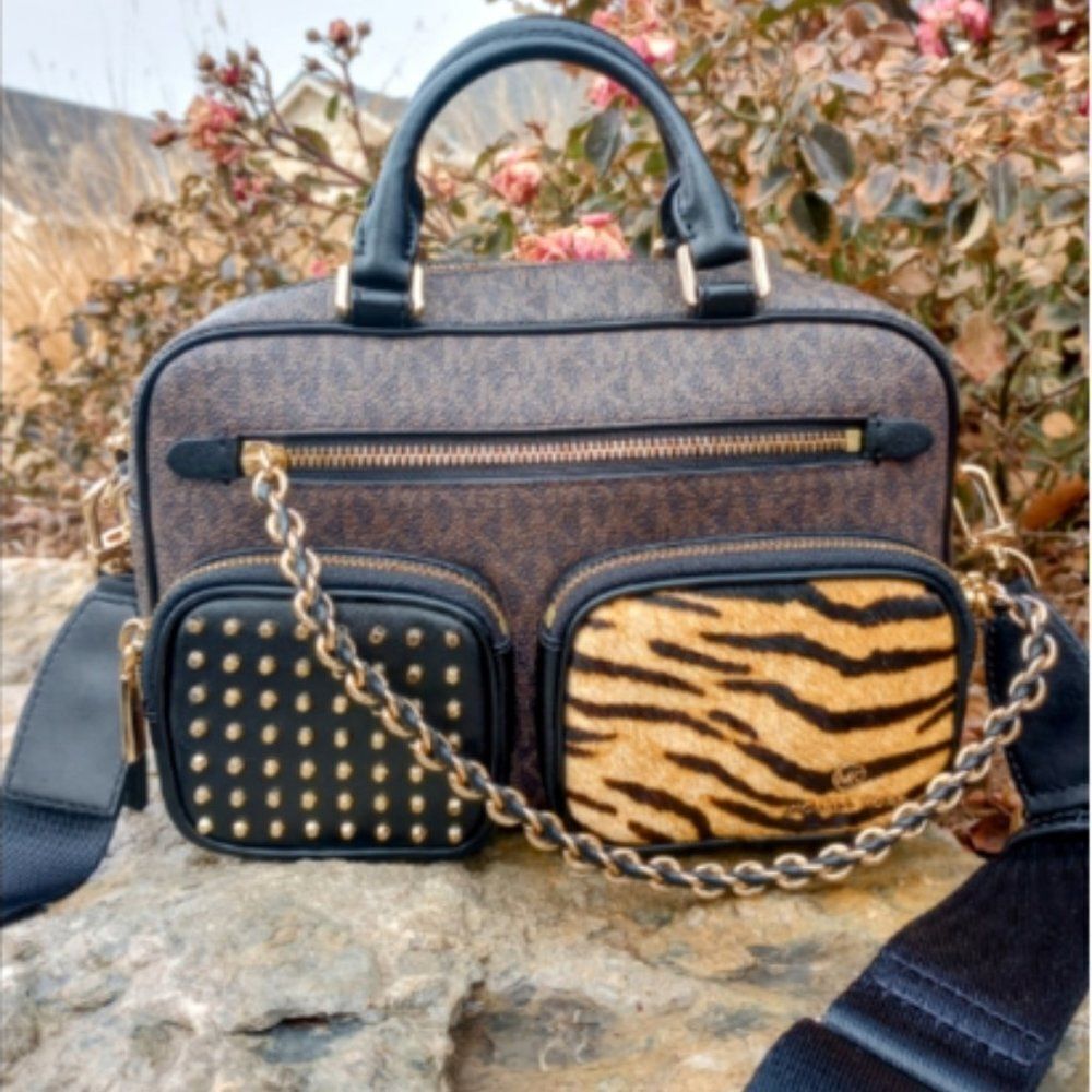Michael Kors Brown Monogram Crossbody with Black Stud & Tiger Print Pockets